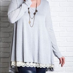 Umgee Gray Long Sleeve Lace Detail Blouse